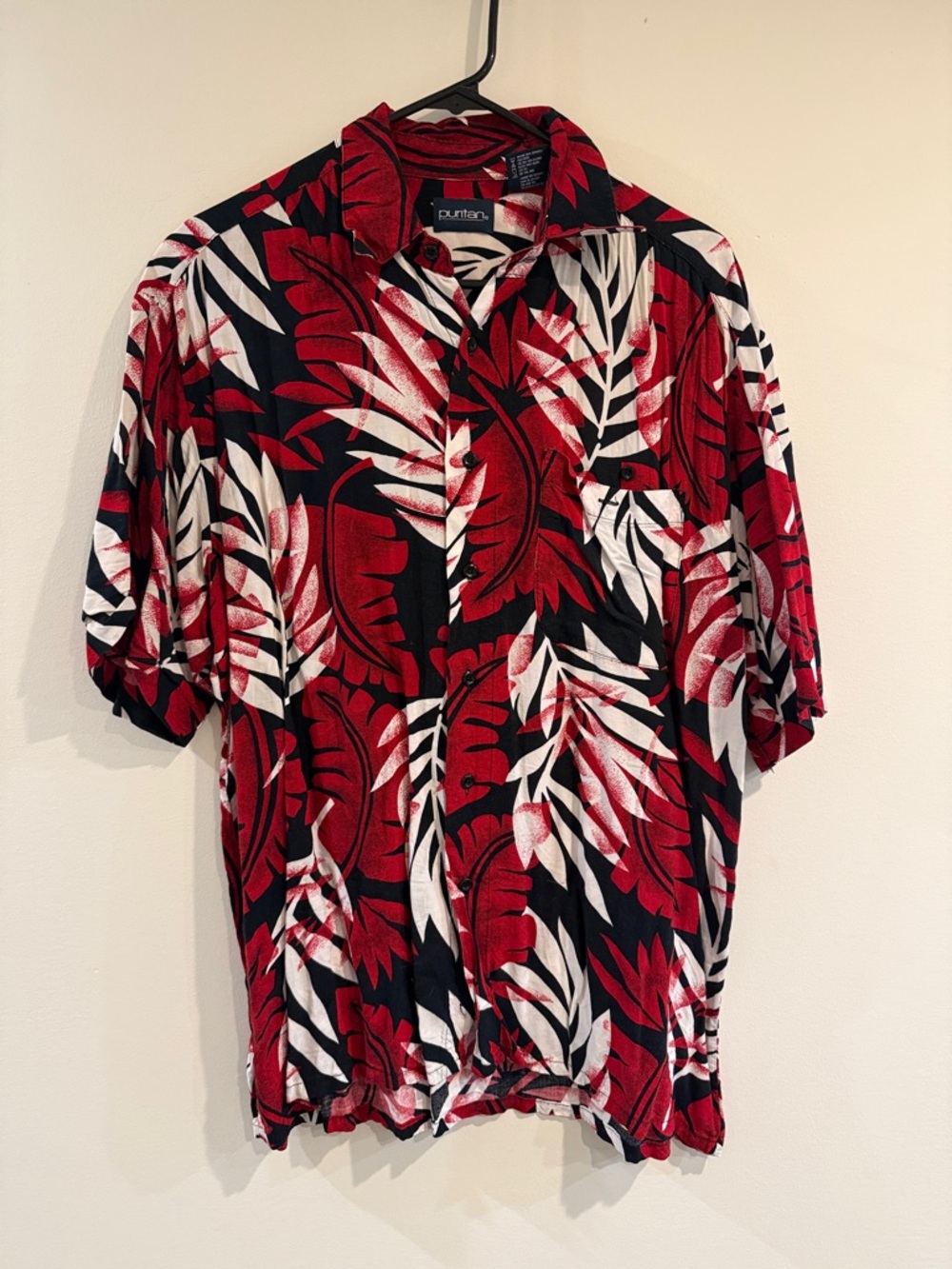 Vintage Red, Black & White Tropical Button-Down Shirt